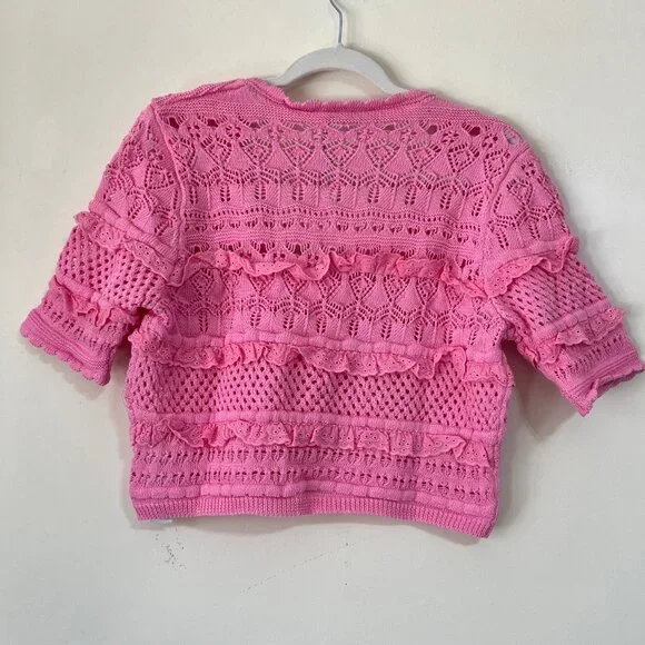 NEW ZARA Pink Cotton Knit Crochet Crop Top: Cottagecore Cardigan - Picture 12 of 16